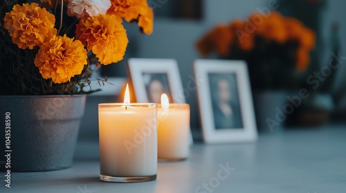 Cemetery altar with flickering candles, framed photos and marigolds arranged with care, warm night glow, close shot photo