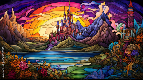 Fairy Tale Castle and Mountain Landscape in Fantasy Stained Glass