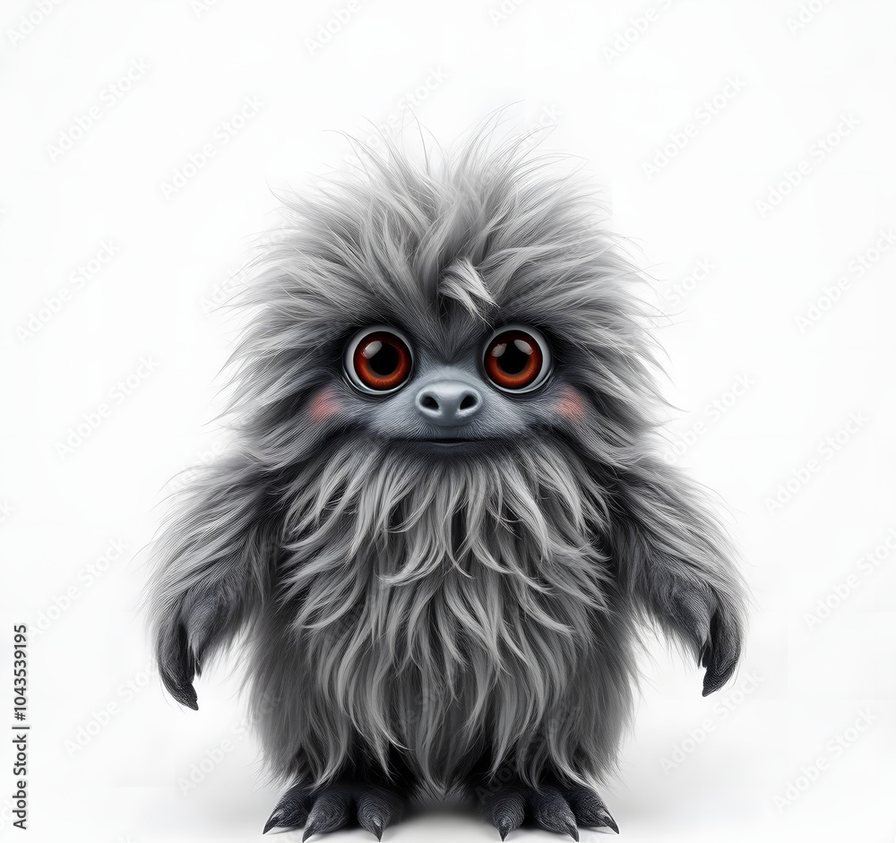 Fototapeta premium Cheerful fluffy gray monster on a light gray background. Joyful and soft little monster. Charming yeti. Halloween character.