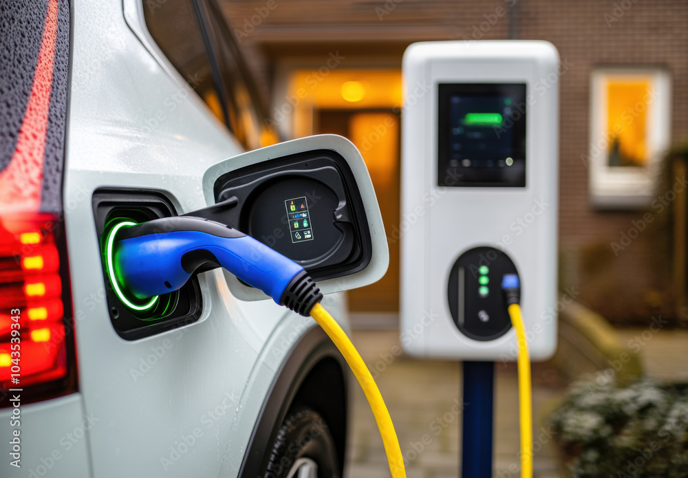 Electric vehicle charging at a modern station outside a residential building during overcast weather Electric vehicle charging at a modern station outside a residential building during overcast weather