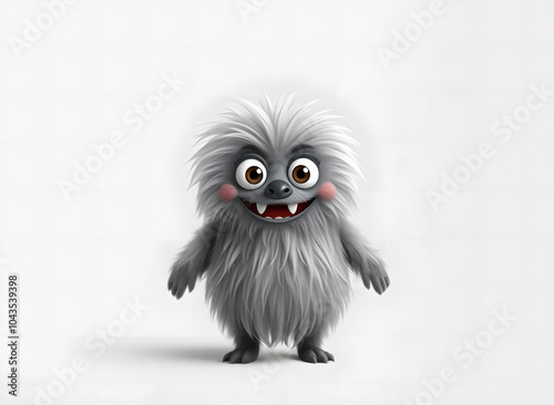 Cheerful fluffy gray monster on a light gray background. Joyful and soft little monster. Charming yeti. Halloween character.