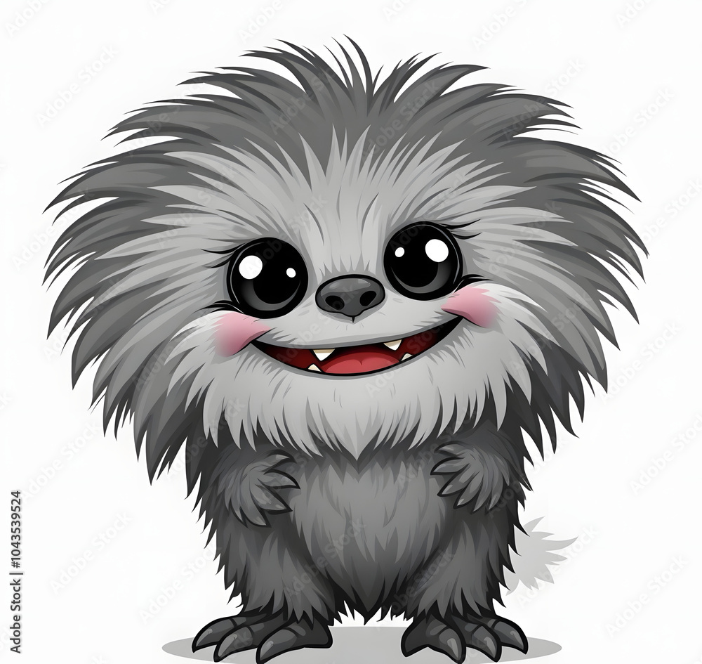 Obraz premium Cheerful fluffy gray monster on a light gray background. Joyful and soft little monster. Charming yeti. Halloween character.