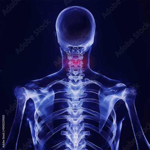 Skull and spine injury x-ray film on a dark blue background, back view