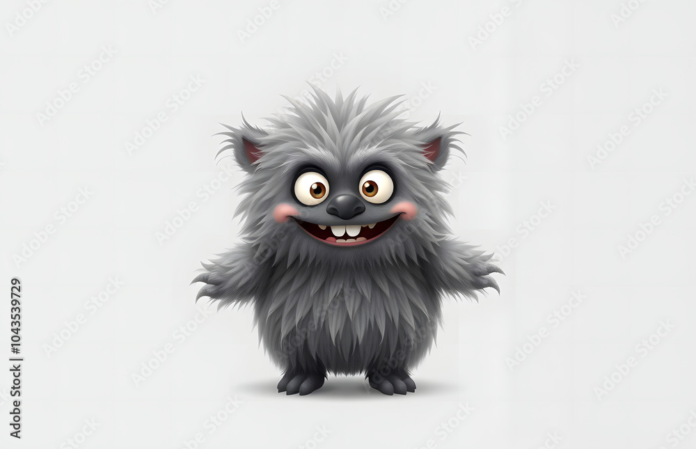 Cheerful fluffy gray monster on a light gray background. Joyful and soft little monster. Charming yeti. Halloween character. Cheerful fluffy gray monster on a light gray background. Joyful and soft little monster. Charming yeti. Halloween character.