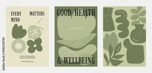Minimalist floral posters in green tones. Positive thoughts, flower therapy, and happy life themes. Simple design with abstract plant vector shapes. Poster with green vector illustration.