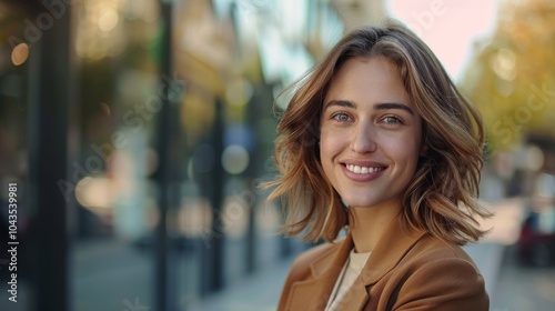 Confident woman in professional wear, smiling warmly, looking to the side, standing outdoors with space for text
