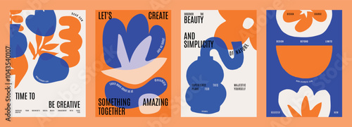 Abstract vector design posters with bold shapes and vibrant blue and orange colors. Creative and artistic, these posters emphasize simplicity and beauty. Blue and orange vector posters.