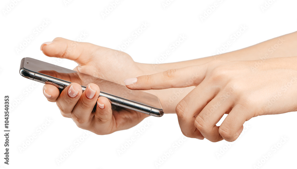 hand and phone isolated on white background. A person is holding a cell phone and pointing at the screen. hand and phone isolated on white background. A person is holding a cell phone and pointing at the screen.