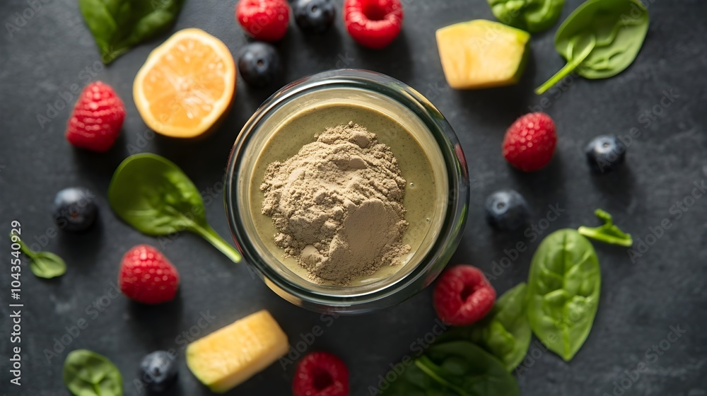 Healthy Plant-Based Protein Powder with Fresh Fruits and Spinach in Blender Healthy Plant-Based Protein Powder with Fresh Fruits and Spinach in Blender