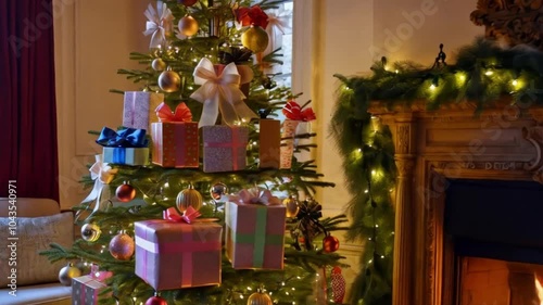 A Christmas tree adorned with gifts stands beside a fireplace in a cozy living room in Dinton, Wiltshire, creating festive charm. photo