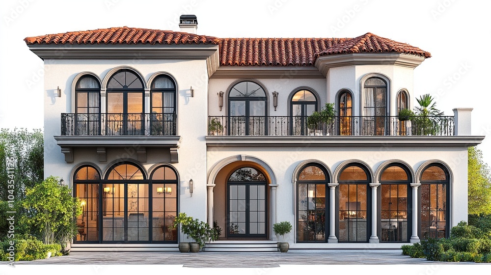 Luxurious Mediterranean Style Villa with Arched Windows and Terracotta Roof on Transparent Background Luxurious Mediterranean Style Villa with Arched Windows and Terracotta Roof on Transparent Background