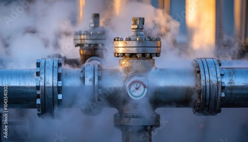 Closeup of refinery pipes, hot steam rising, fuel processing in action,