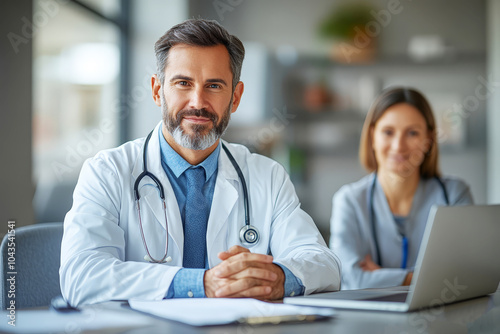 A confident male doctor in a white coat smiles at the camera, seated in a professional office setting with a laptop and a colleague in the background.