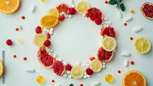 Scattered Vitamin Supplements and Fresh Fruits Styled in a Circle for Holistic Health Concept photo