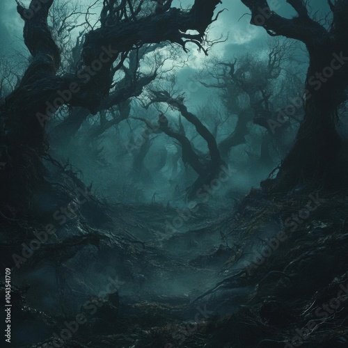 Dark, twisted forest filled with fog and foreboding silence, creating terror, Gothic, Digital Art,