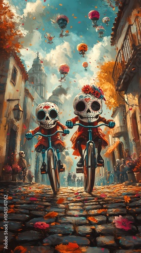 Playful sugar skull characters riding on colorful bicycles down a cobblestone street photo