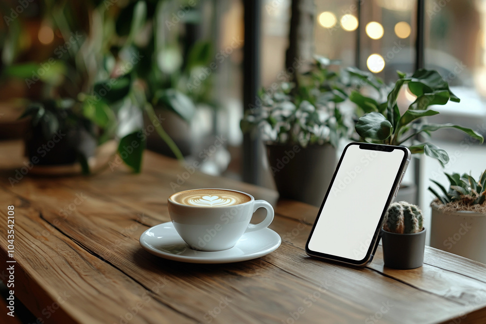 Smartphone with blank screen on café table, plant by window in natural light, cozy coffee shop with empty screen phone