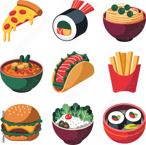 A set of vector icons illustrating various foods from different cuisines.