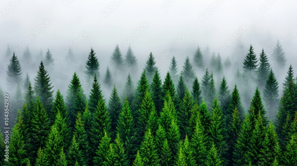 Fototapeta premium Misty Evergreen Forest with Pine Trees