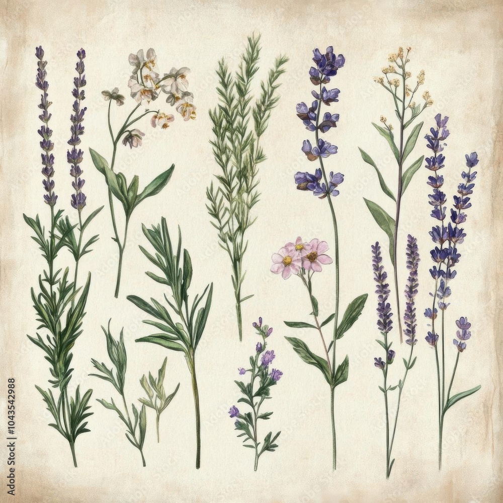 Retrostyle botanical illustrations of herbs and flowers, delicate watercolor details, Retrostyle botanical illustrations of herbs and flowers, delicate watercolor details,