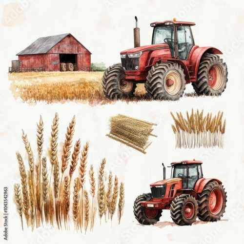 Retro watercolor farm elements, including wheat, tractors, and barns, vintage feel,