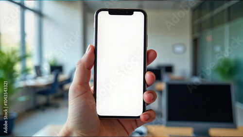 A hand holding a smartphone with a white screen in an office workspace. Perfect for mockups or advertising text placement. Ideal for app promotions, business presentations, or mobile product displays.