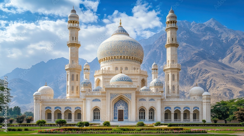 Obraz premium A white mosque with a blue dome and two minarets stands in front of a mountain range under a blue sky with white clouds.