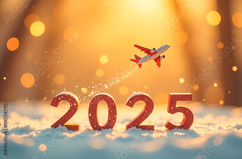 Numbers 2025 and flying airplane against sunset golden sky. Tourist destinations, air travel. Realization of hopes and dreams in New Year.