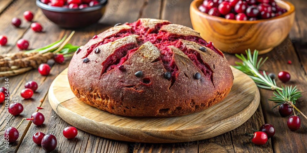 Round beet bread with cranberries on table Round beet bread with cranberries on table