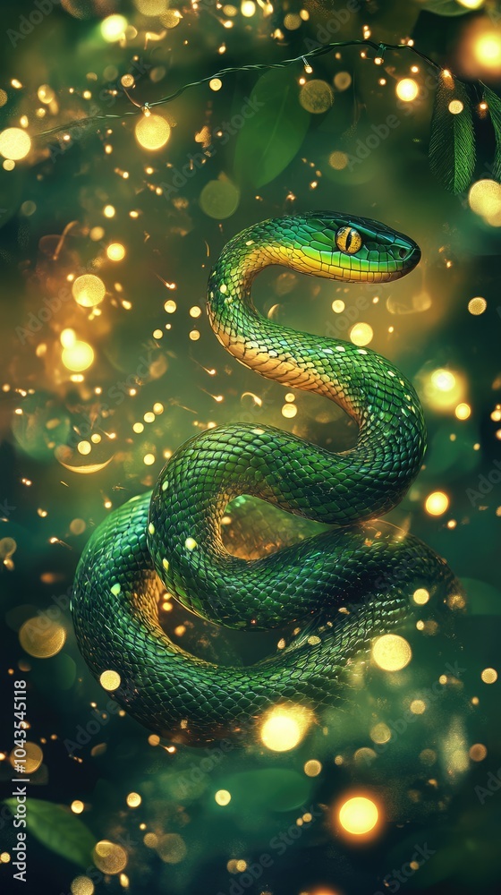 Green snake resting on an illuminated christmas tree branch, symbol of 2025 according to the Chinese calendar Green snake resting on an illuminated christmas tree branch, symbol of 2025 according to the Chinese calendar