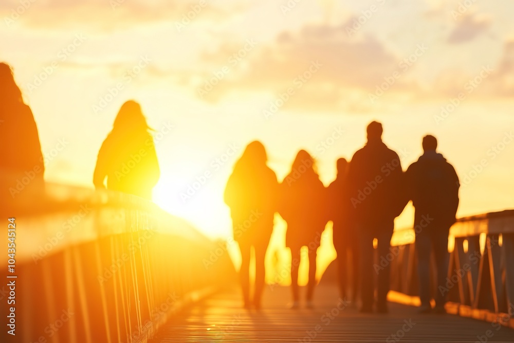 Fototapeta premium Silhouetted group walking on bridge at sunset