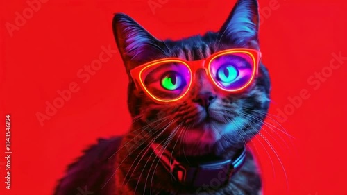 Potret kucing berbulu putih di kacamata fashion. Studio rekaman lampu neon. Kucing domestik mewah dalam kacamata berpose pada latar belakang hitam.
 photo