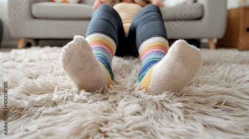 Closeup of rainbow socks on feet, lying on a fluffy rug, colorful National Sock Day vibes photo