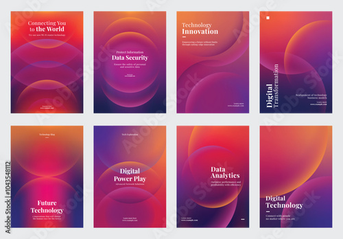Template set of eight tech-themed posters showcasing innovative technology, data analytics, and digital transformation. Set of poster purple gradient template poster. Poster template vector set.