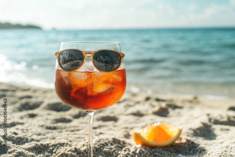 Tropical Spritz Cocktail Served on Sandy Beach with Ocean View