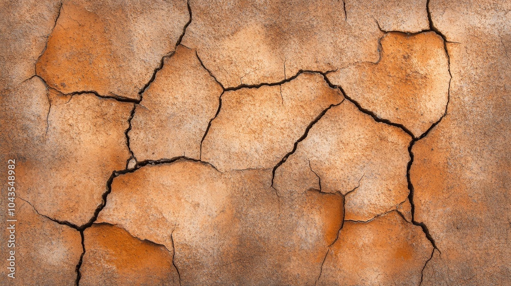 Obraz premium A textured surface of cracked, dry earth showcasing tones of brown, beige, and orange, emphasizing natural aging and environmental conditions.