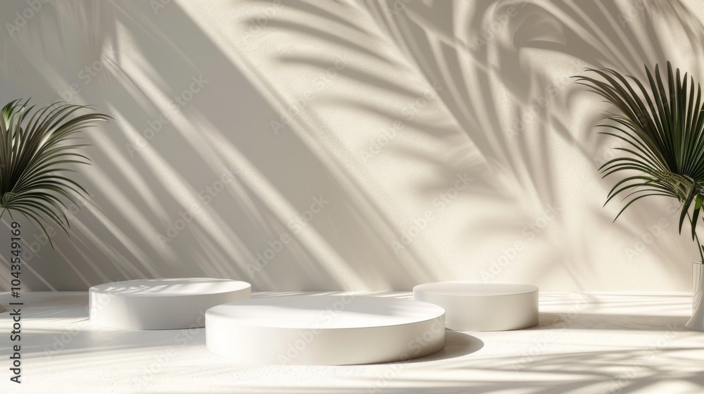 Abstract white space, cylinder podium set, palm leaf shadows, elegant product showcase Abstract white space, cylinder podium set, palm leaf shadows, elegant product showcase