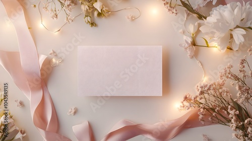 Blank mockup template of an invitation card nestled among satin ribbons, soft florals, and twinkling fairy lights.