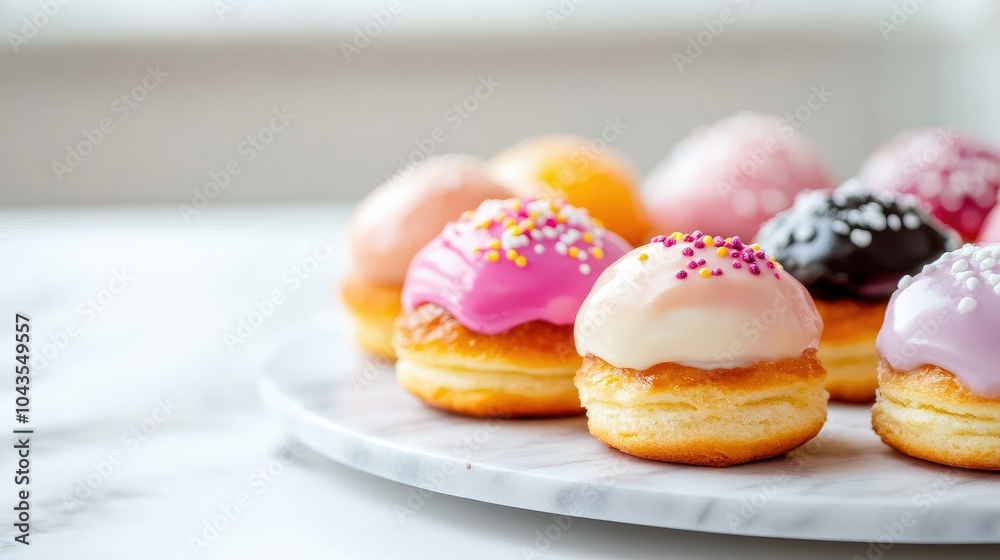 Assorted Profiteroles with Glossy Toppings Close-Up Assorted Profiteroles with Glossy Toppings Close-Up