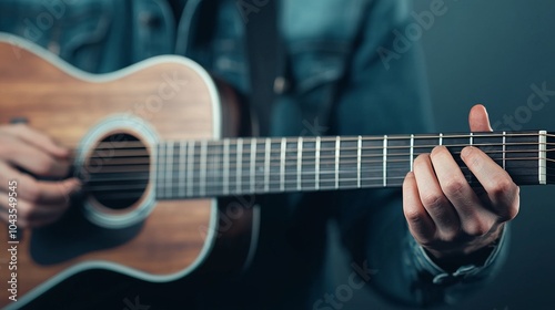 Closeup of Hand Playing Acoustic Guitar photo