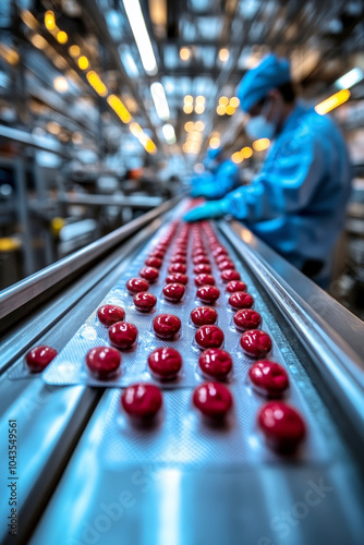 Wallpaper Mural Pharmaceutical red pills being processed on an automated production line in a modern laboratory. Torontodigital.ca