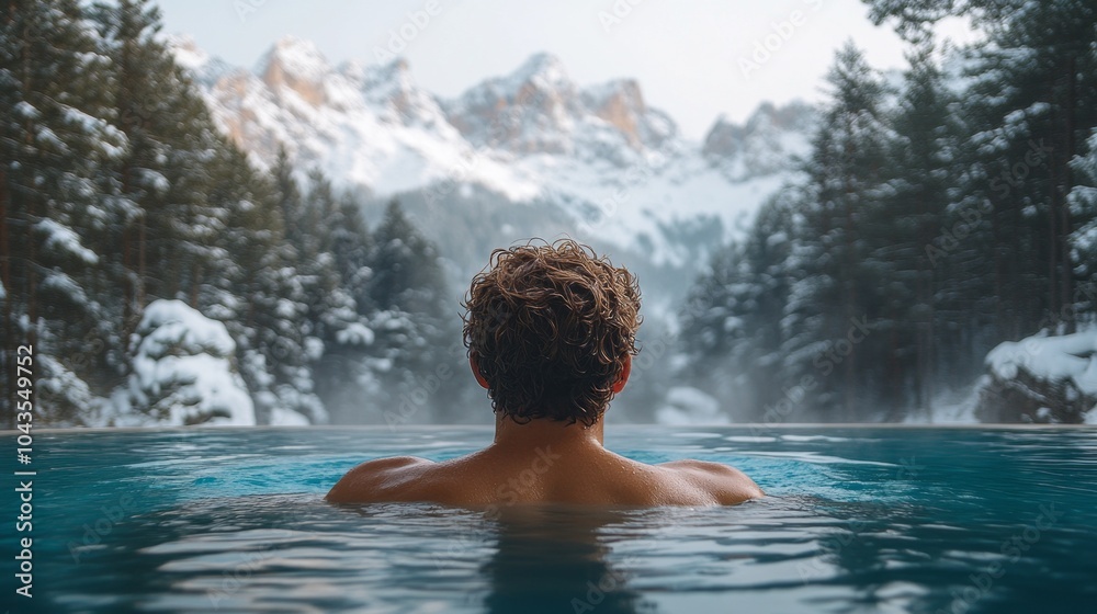 A man is swimming in a pool with mountains in the background A man is swimming in a pool with mountains in the background