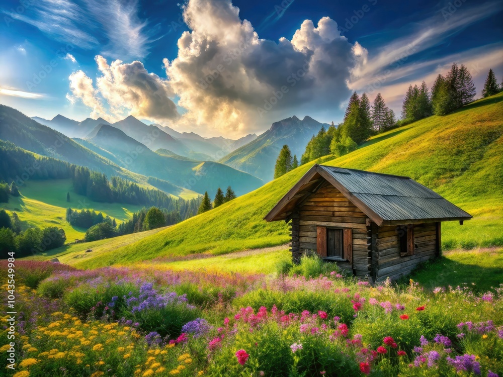 Fototapeta premium A quaint hut nestled in a tranquil green valley, surrounded by lush nature. A perfect spot for photographers seeking blissful landscapes and serene moments.
