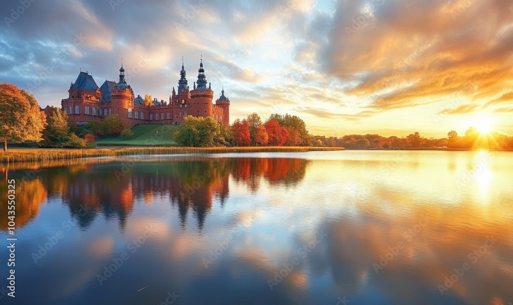 Frederiksborg Castle, in the town of Hillered on Lake Slotsse. Panorama. Denmark. XVI century. Copenhagen, Denmark, Europe Frederiksborg Castle, in the town of Hillered on Lake Slotsse. Panorama. Denmark. XVI century. Copenhagen, Denmark, Europe