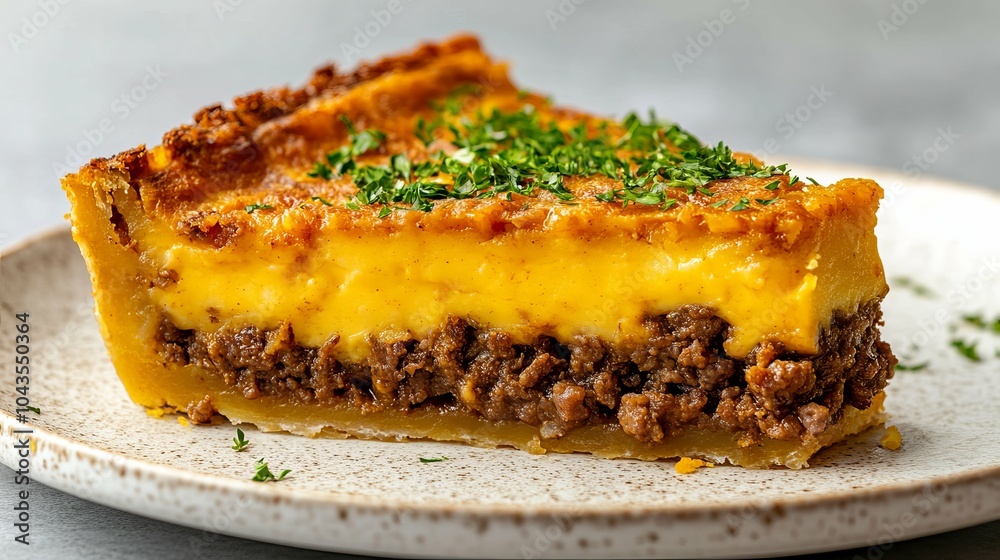 Slice of Bobotie Showing Its Egg Custard Topping and Spiced Minced Meat Base Slice of Bobotie Showing Its Egg Custard Topping and Spiced Minced Meat Base