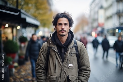 Portrait of a handsome young man in Paris, France. Urban scene.