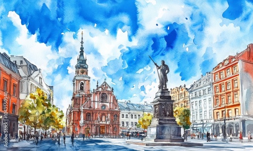 Watercolor View of the Old Town Ratslaukums square, Roland Statue, The Blackheads House and St Peters Cathedral against blue sky in Riga, Latvia. Summer sunny day photo