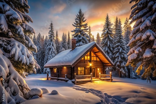 Charming Winter Log Cabin Surrounded by Snowy Trees - Serene Winter Landscape Photography