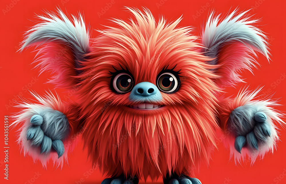 Fototapeta premium Funny fluffy red monster isolated on bright pure red background. Happy and fluffy little monster. Adorable yeti. Halloween character.