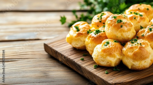 Vibrant Arrangement of Golden Gougères on Wooden Board photo